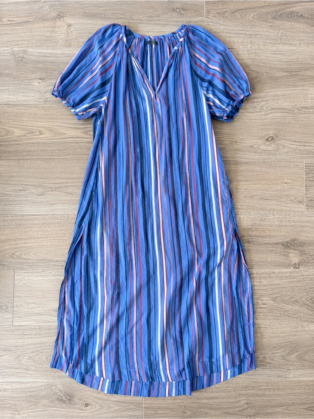 MOTHER The Beach Please Tunic Blue Multi Stripe Cotton Puff Sleeve Dress S - Picture 14 of 14